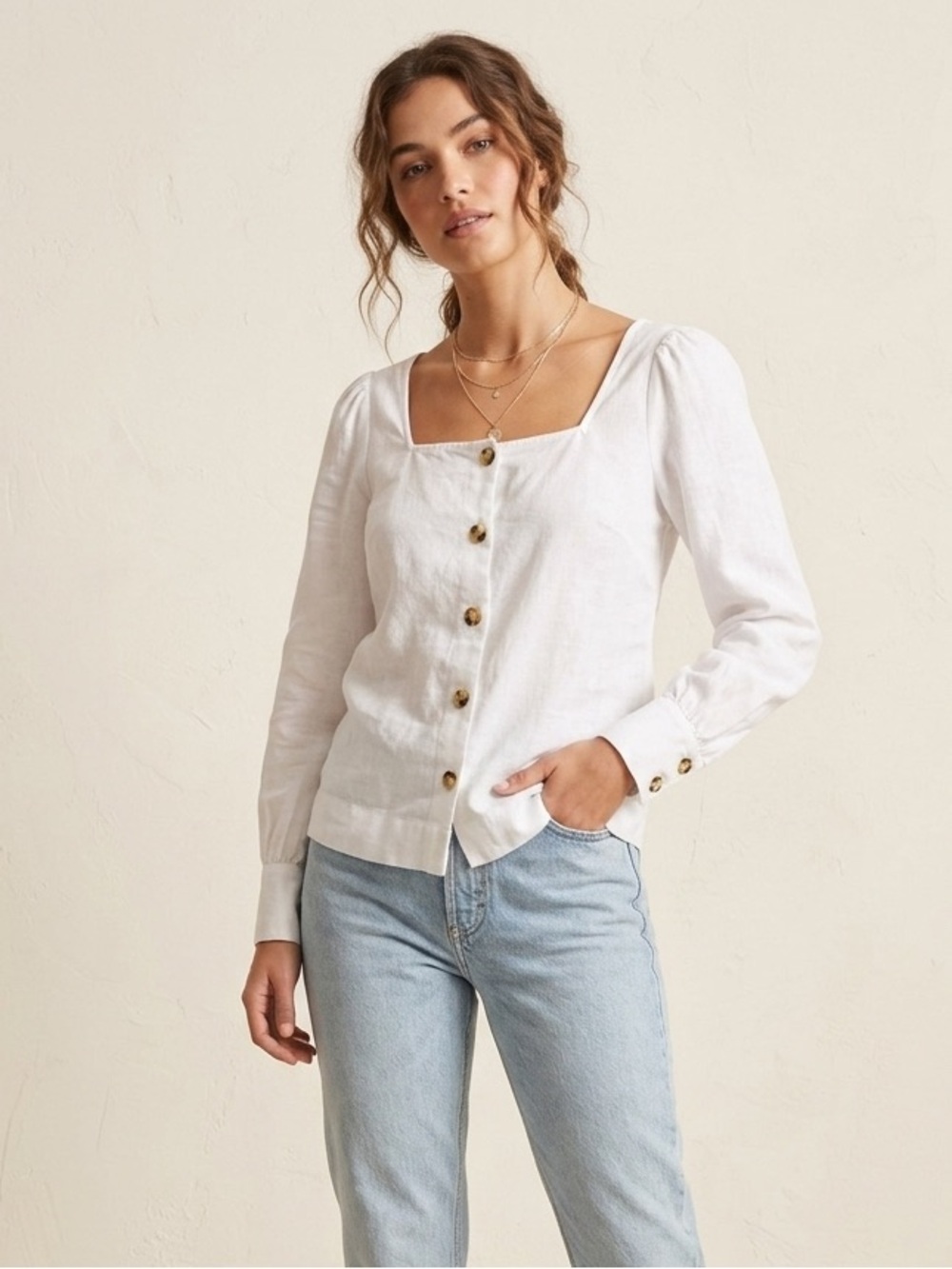 Saks Fifth Avenue White Button-Front Long Sleeve Linen / Cotton Blend Top